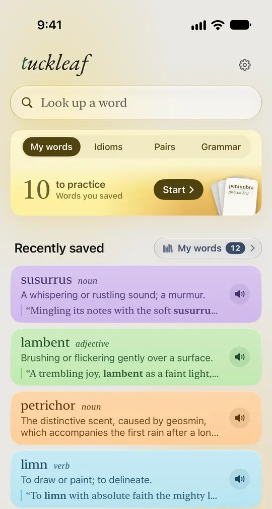 Tuckleaf's Home screen: a search field, the words to practise, and recently saved words. Each word shows its meaning and the sentence it came from.