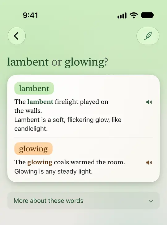 The word pair page for lambent or glowing: an example sentence for each word and the difference in one line.